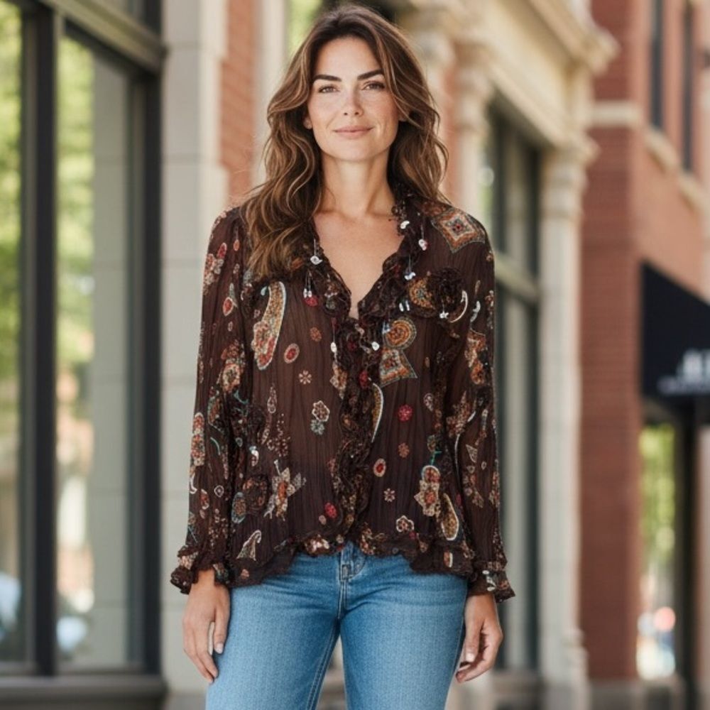 Essentials by Milano Womens Y2K Fairy Paisley Beaded Top Size XL Button Up Boho